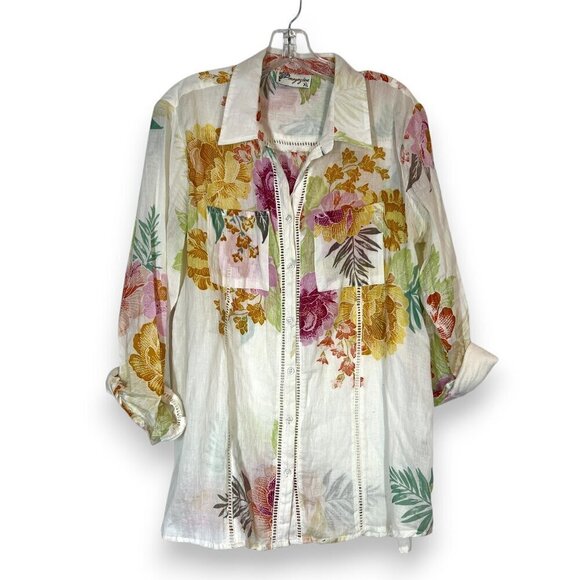 White Floral Shirt Top Long Sleeve Button Down Beach Boho Resort XL - Picture 1 of 9